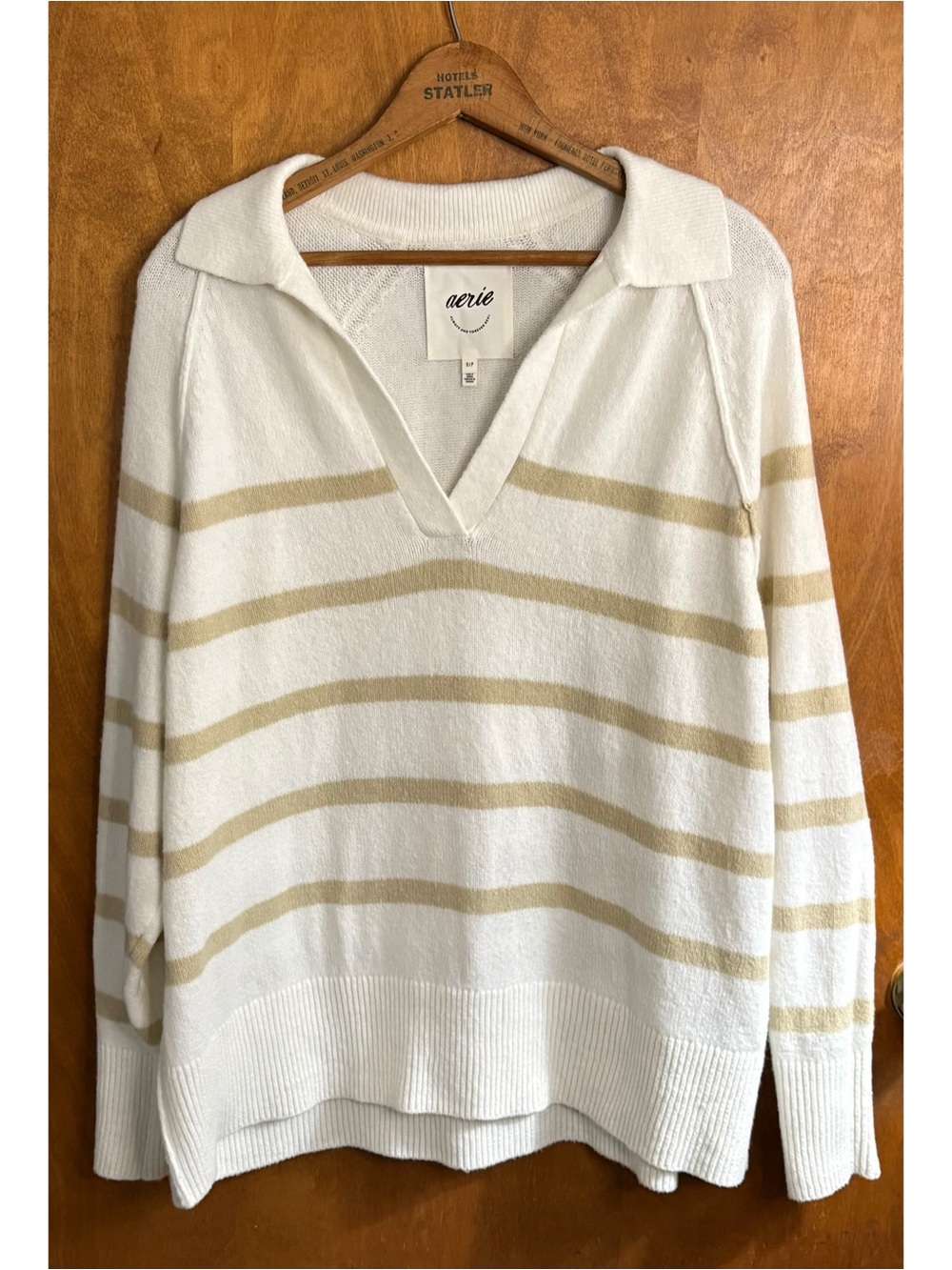 Aerie Unreal Oversized Cream & Tan Striped Rugby Polo Sweater Preppy Academia
